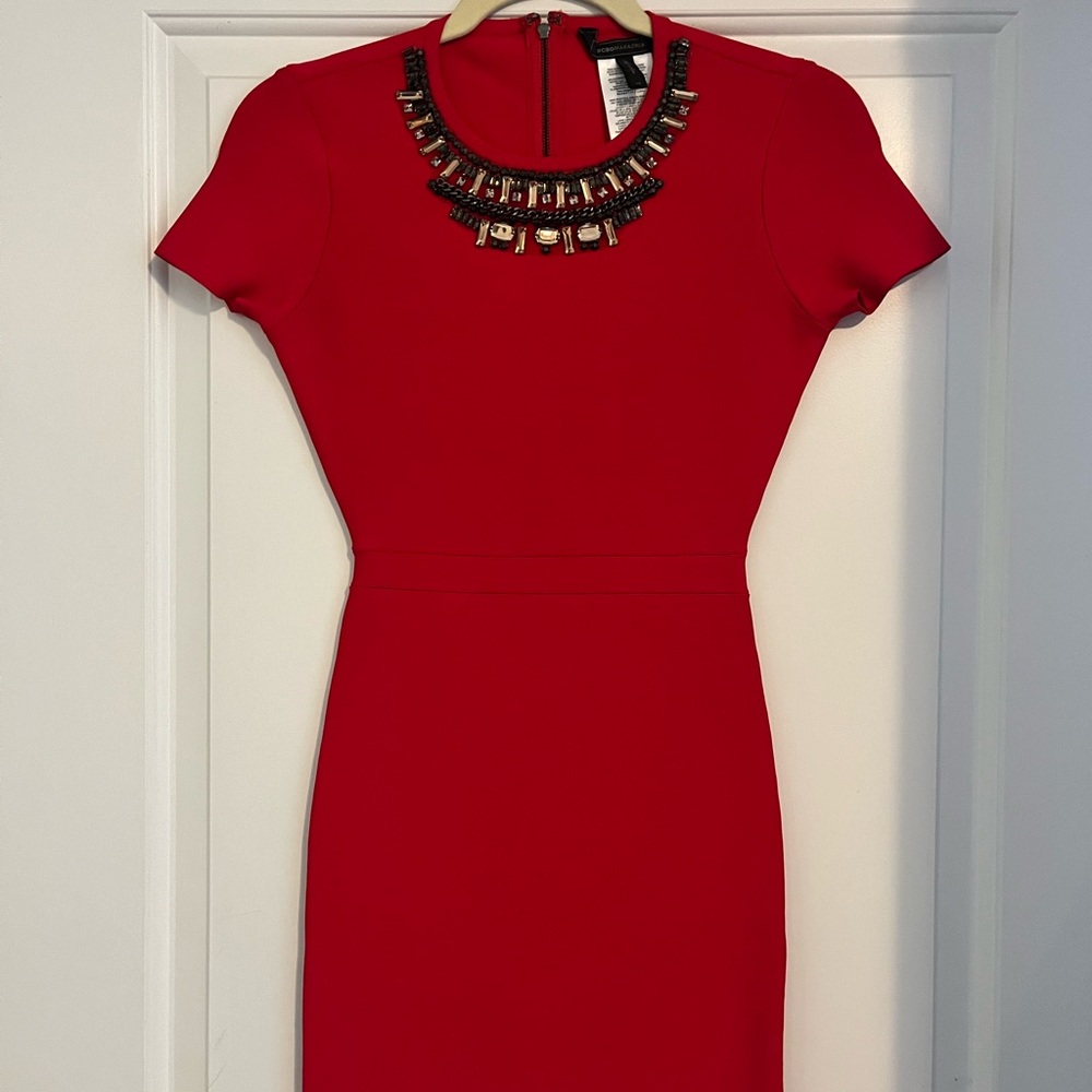 BCBGMaxAzria Red Mini Dress with Embellished Neckline